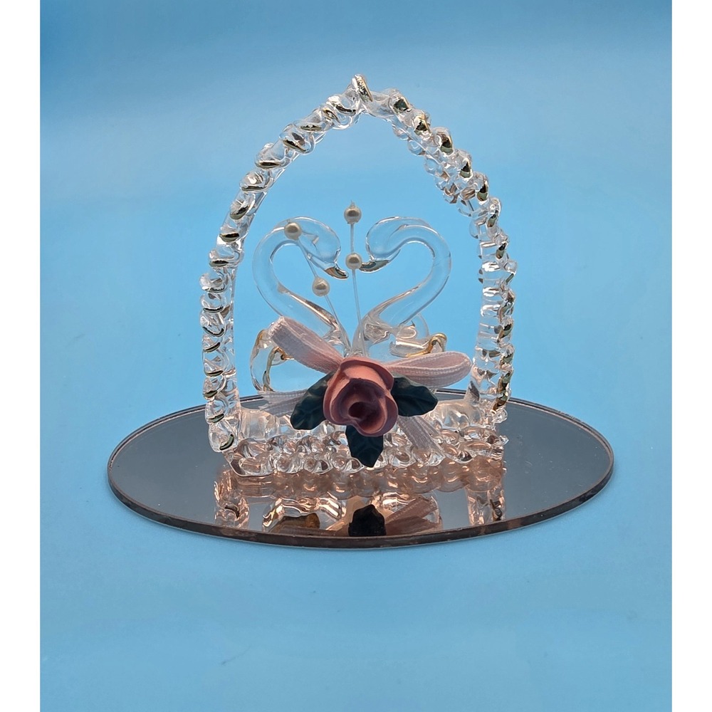 Spun Glass‎ Kissing Swans With Pink Rose On Mirror 2.5"